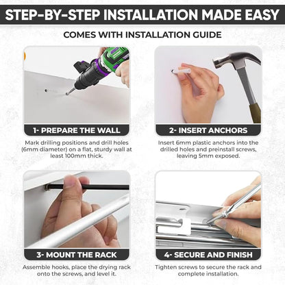 Wall Mounted Laundry Drying Rack, Retractable Clothes Drying Rack, 6 Rods Towel Drying Rack with Wall Template for Installation, Magnetic Dryer Ball Holder with Dryer Balls, White