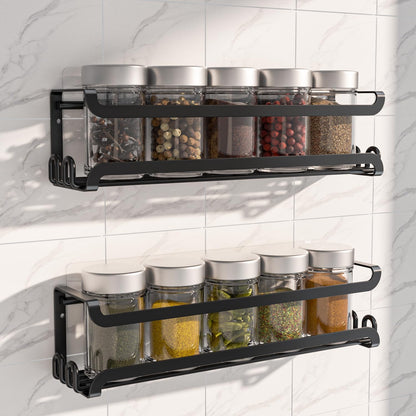LUCYCAZ 2 Pack Wall Mounted Spice Rack with 16 Hooks, Spice Organizer Shelf for Stove Cabinet Pantry Door,Screw or Adhesive Spice Shelf Hanging Wall Spice Rack in Kitchen and RV (Black, 2 PACK)