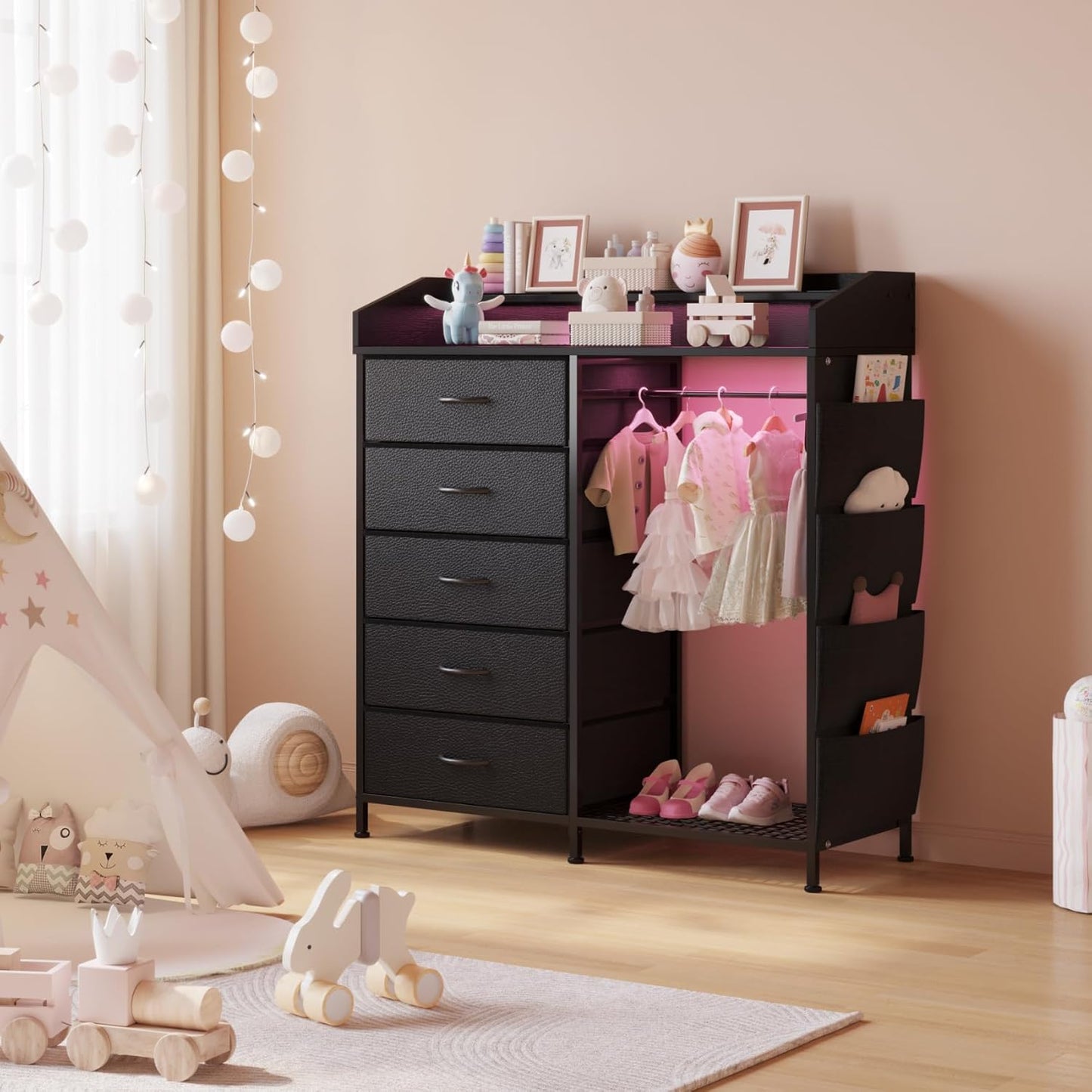 LUMTOK 2-in-1 Dresser with Hanging Racks,5 Fabric Drawers Dressers with LED Lights, Charging Station for Bedroom Living Room, Entryway, Closets (Black)