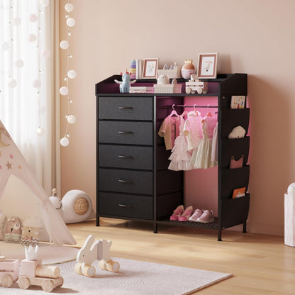 LUMTOK 2-in-1 Dresser with Hanging Racks,5 Fabric Drawers Dressers with LED Lights, Charging Station for Bedroom Living Room, Entryway, Closets (Black)