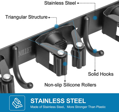 IMILLET Broom Holder Wall Mount, Broom Holder Stainless Steel Heavy Duty Garage Organization Broom Organizer Wall Mount Self Adhesive Laundry Room Organization and Storage（5 Racks and 4 Hooks）