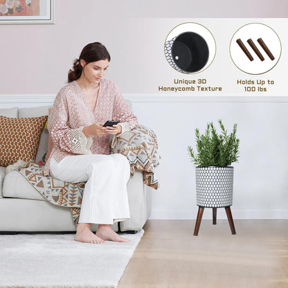 Flower Pot with Legs Tall Flower Pot with Drainage Holes for Indoor and Outdoor Decorative Planting (White Black Honeycomb, 10 Inches)