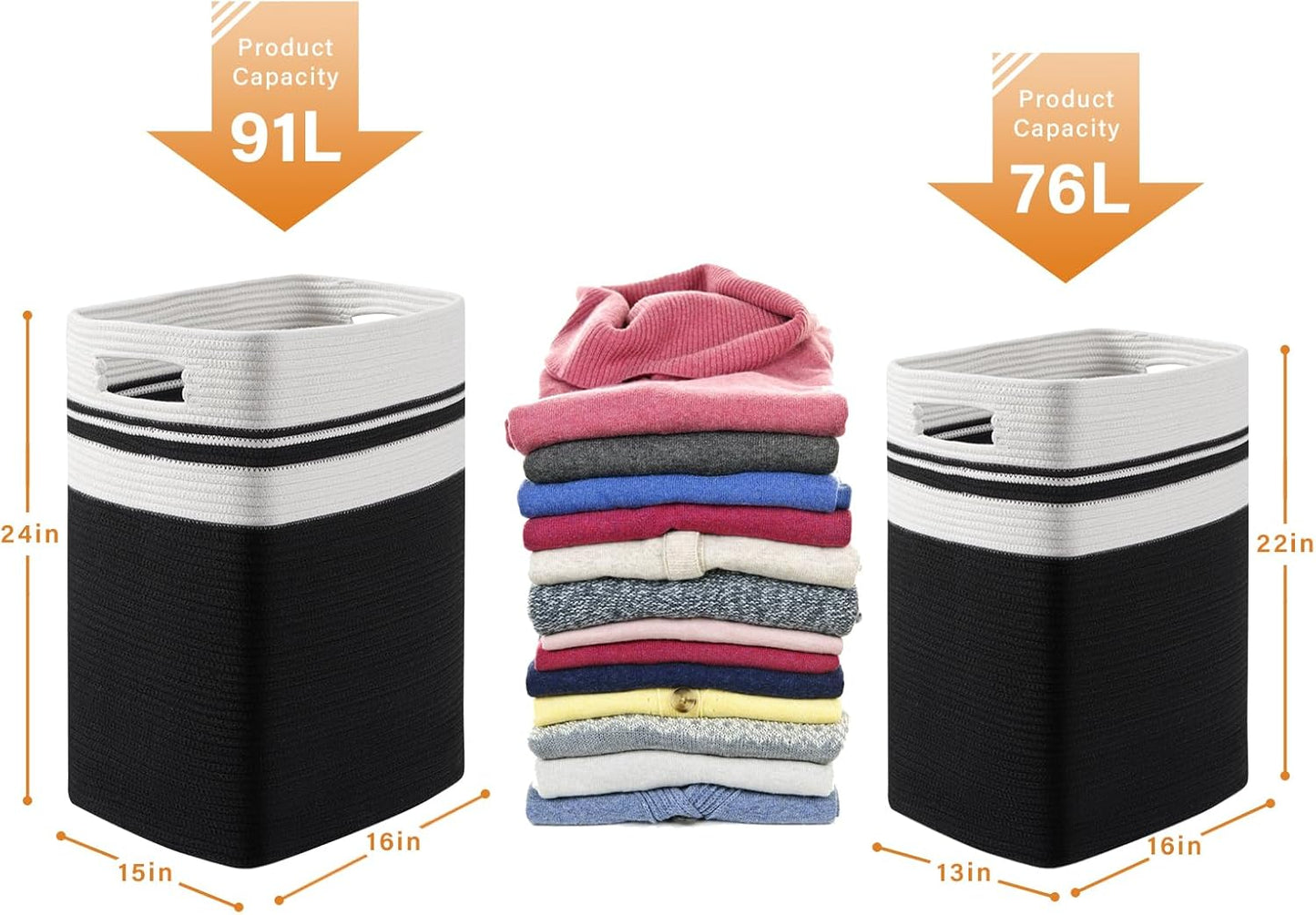 OIAHOMY 91L Laundry Hamper, XXXLarge Laundry Basket, Collapsible Cotton Rope Basket,Woven Storage Basket for Blankets,Clothes,Pillows-16x15x24-Black&white