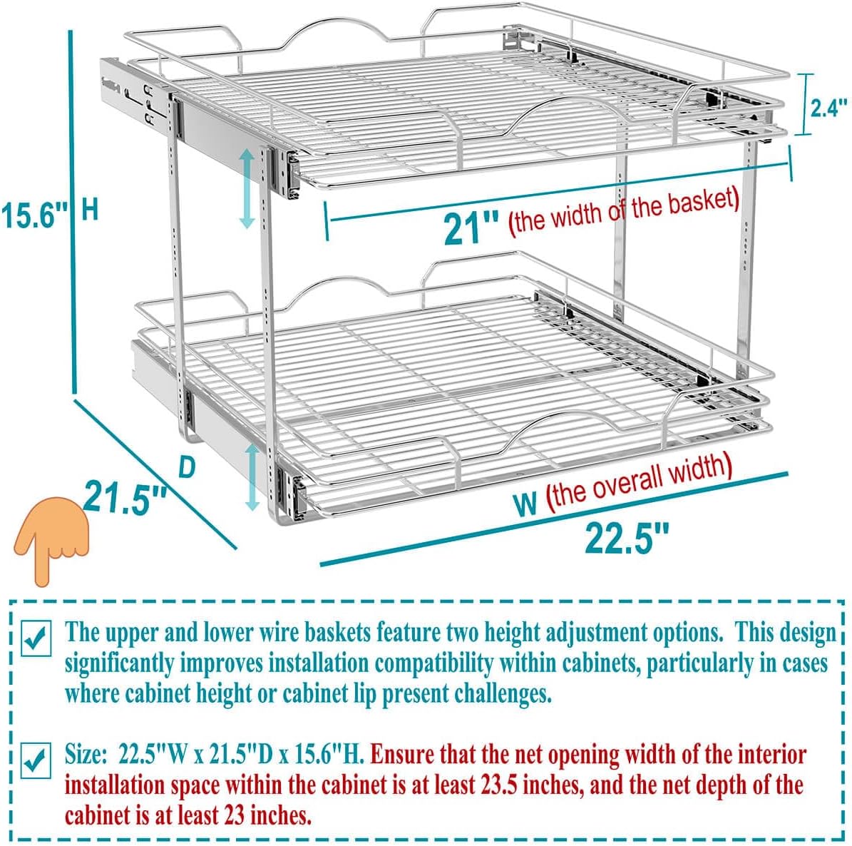 OCG 2 Tier Pull Out Cabinet Organizer (22.5" W x 21.5" D), Pull Out Drawers for Kitchen Cabinets, Pull Out Shelves for Base Cabinet Organization in Kitchen Bathroom Pantry, Chrome Finish