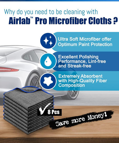 Airlab Microfiber Towels for Cars Wash Drying Auto Detailing, Highly Absorbent, Lint-Free, Streak-Free, All-Purpose Cleaning Cloths for Household, 16" x 16", Pack of 8, Grey