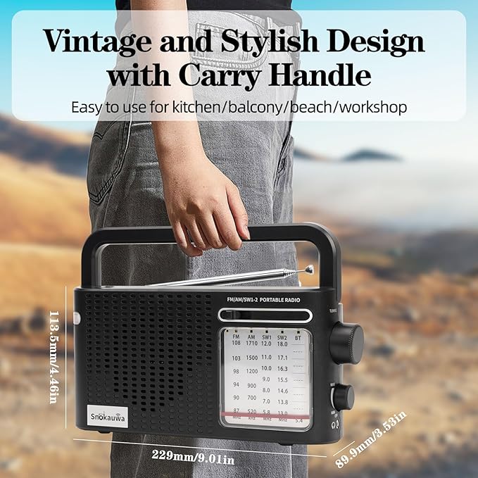 Portable Weather Radio AM FM SW,Wall Plug and Battery Powered,with Bluetooth,Big Speaker,Large Dial,High/Low Tone Mode,Earphone Jack,Flashlight,for Home,Picnic,Gifts for Seniors Elderly