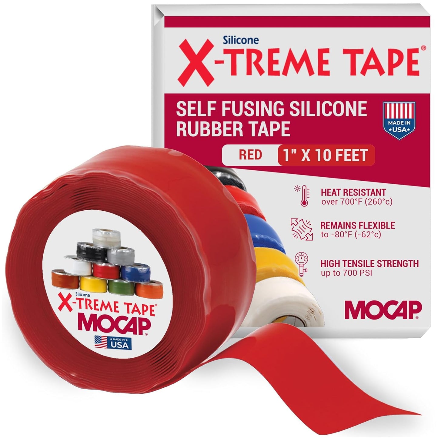 X-Treme Tape MOCAP Heavy Duty Electrical Tape, Self-Fusing Silicone Rubber, Waterproof & Insulating Flexible Tape, Electrical for Hose, Automotive, Outdoor & Repairs - 1" x 10ft Roll - Bright Red