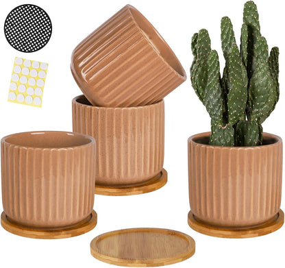 TAMAYKIM 5.25 Inch Ceramic Plant Pots with Drainage Holes and Saucers, Modern Flower Pots with Trays for Indoor Planters, Snake Plant, Succulent, Cactus and Herbs, Red, Set of 4