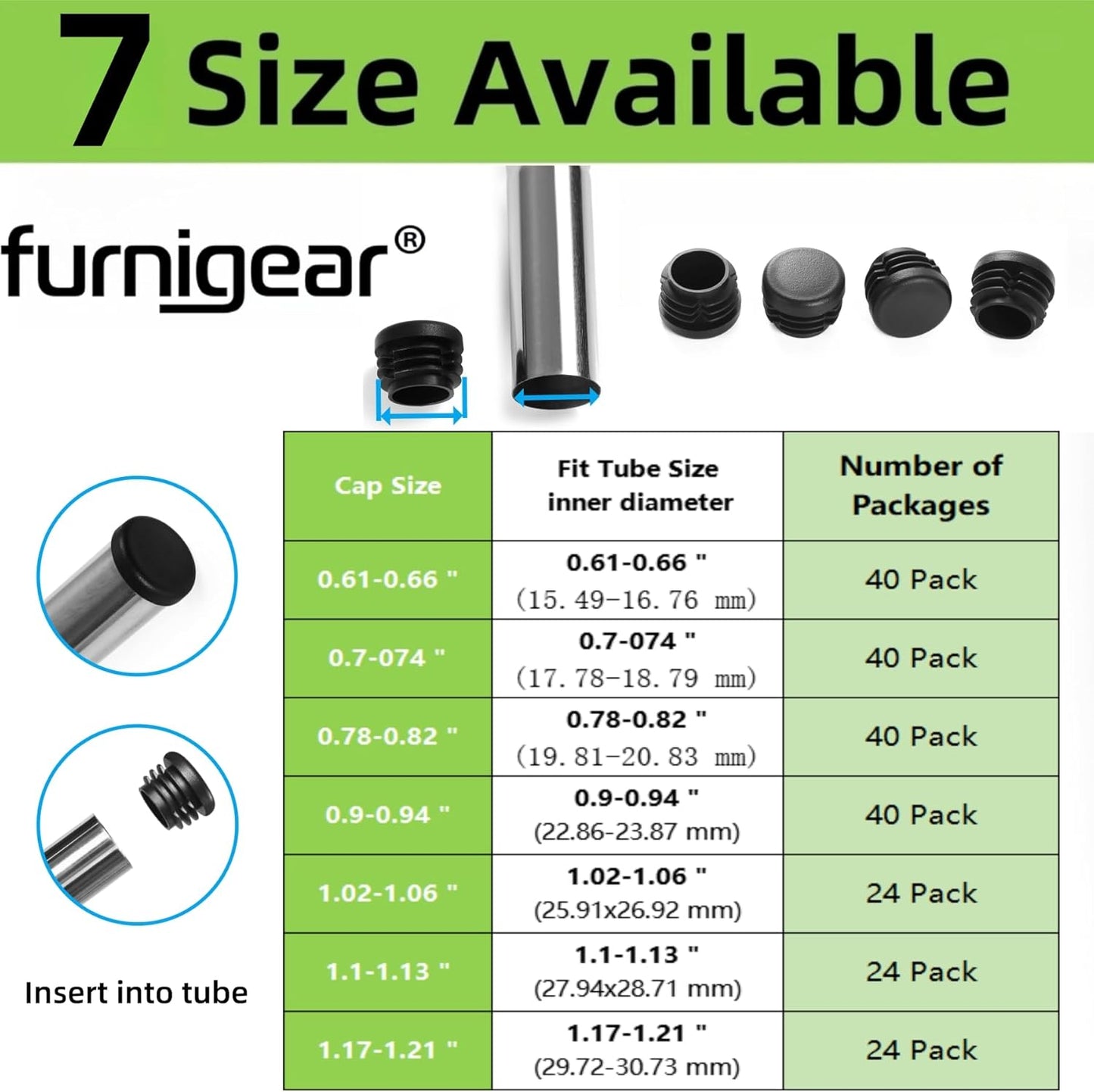 Furnigear Plastic Plugs Tubing End Caps Chair End Caps 1 1/4" Outside Bottom Round Tubing Caps Round Furniture Sliders Glides Black (Fit 1.17-1.21" Tube Inner Diameter, 24pack)