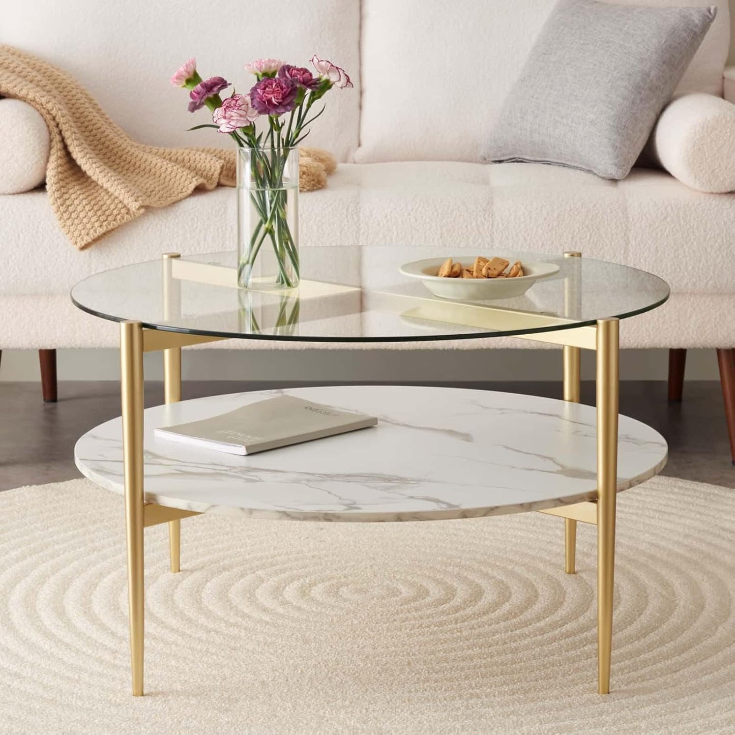 Round Coffee Table for Living Room, Mid-Century Modern Design, D30 x H17, 2-Tier Structure, Clear Glass Top and White Marble Finish Wood Shelf, Sleek Conical Metal Legs with Gold Finish Frame