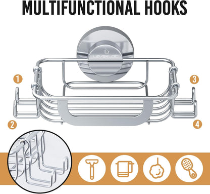 LEVERLOC Bar Soap Holder Dish with Hooks, Soap Tray Suction Cup Wall Mounted for Shower, Stainless Steel Sponge Holder Caddy for Bathroom Kitchen Sink Organizer, Rustproof, Silver