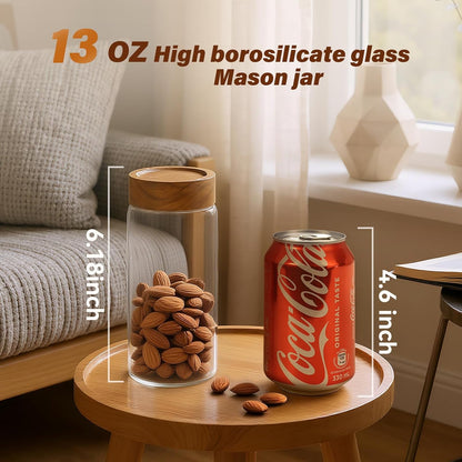 2-Pack 13 oz Glass Mason Jars with Acacia Wood Lids - Sealable, Leakproof, Clear & Stackable Food Storage Containers for Overnight Oats, Meal Prep, Flour, Sugar & Rice Storage
