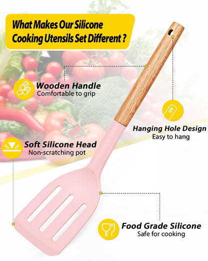 Pack of 4 Silicone Cooking Utensils Set, Non Stick Solid Spatulas and Heat Resistant Slotted Spoons with Wooden Handle, Ideal Wood Kitchen Utensils Set for Frying,Serving,Turning,Stirring (PINK)