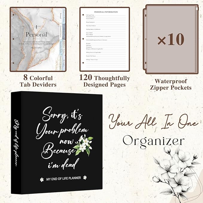 Lanpn End of Life Binder Organizer Death Planner 8.5"x11", Final Wishes & Estate Document Folder with 8 Dividers & 10 Letter Size Binder Pockets, Before Death Life Plan When I Die Journal Book