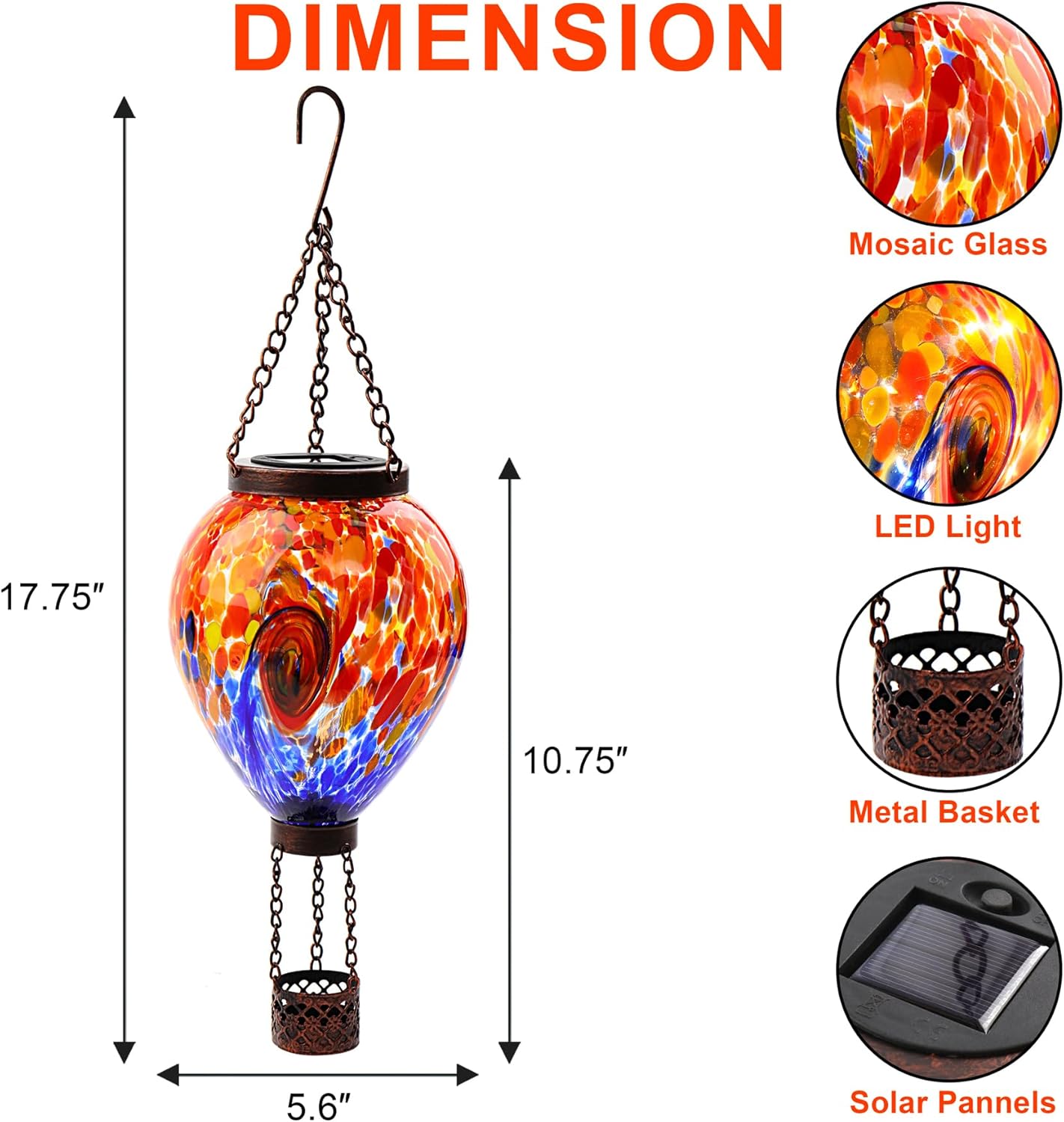 VOREEN Solar Hot Air Balloon Light – Hand Blown Colorful Glass Outdoor Hanging Lantern, Waterproof Decorative Garden Lighting, Gift for Mom Wife Friend Backyard Patio Decor