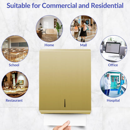 Paper Towel Dispenser Wall Mount, Brushed Gold Stainless Steel Commercial Paper Towel Holder with Lock, Large Capacity 400 C Fold/525 Multifold Towels