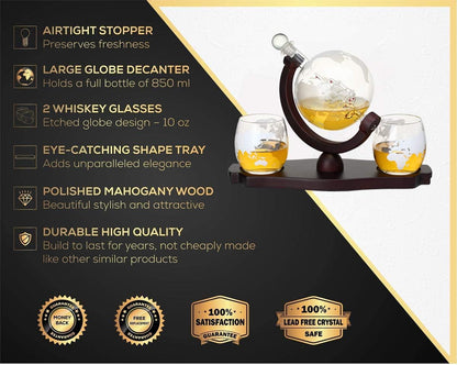 Whiskey Globe Decanter Set with 2 Etched Globe Glasses in Gift Box - Home Bar Accessories for Liquor, Whiskey, Brandy, Gin, Rum, Tequila, Vodka, and Brandy