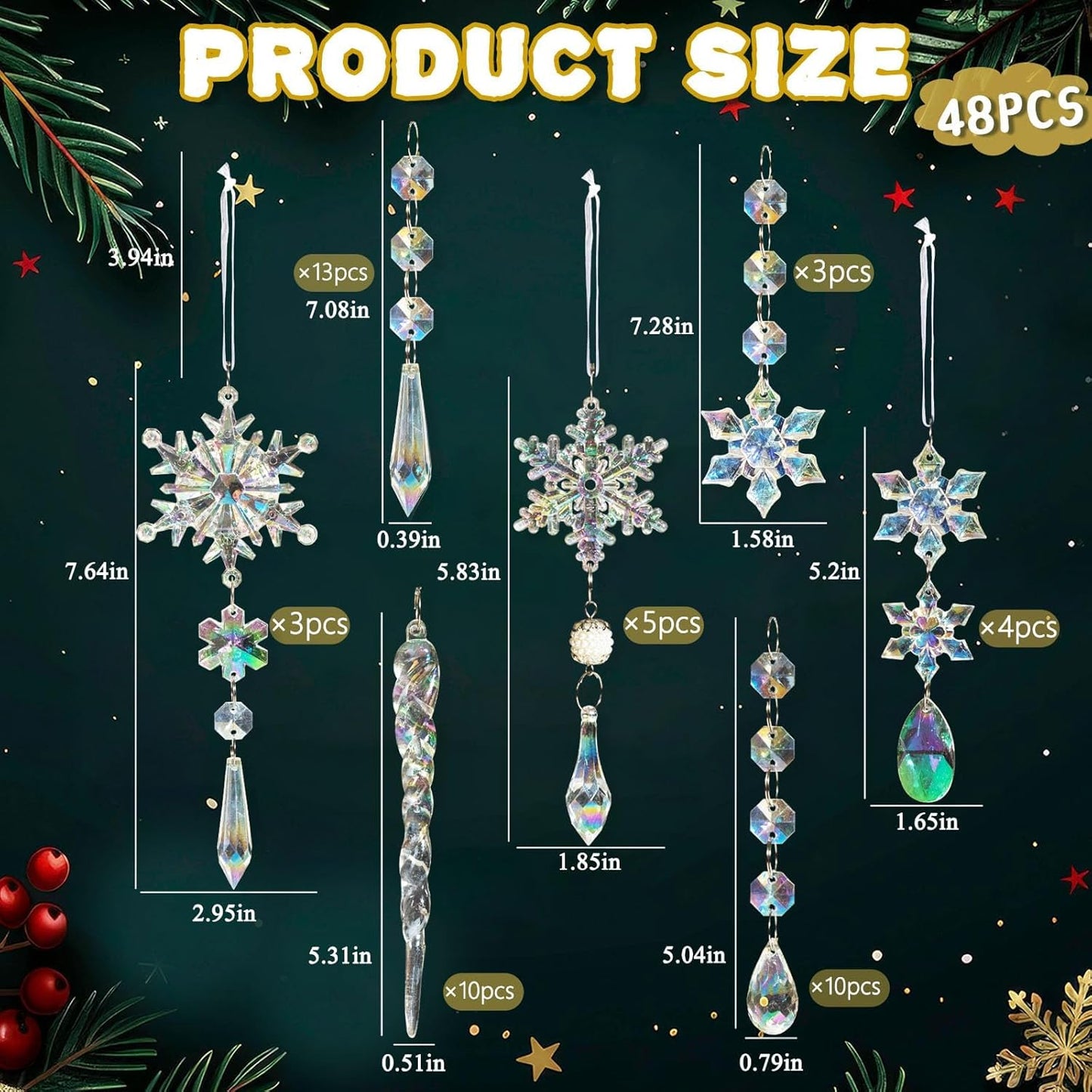 48pcs Christmas Crystal Ornaments for Tree - Iridescent Christmas Tree Ornaments Acrylic Snowflakes Drop Icicle Pendants Hanging Ornaments for Xmas Trees Winter Holiday Frozen Party Decorations
