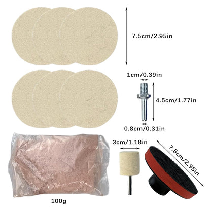 9Pcs/Set Glass Polishing Kit, 100g Cerium Oxide Powder Polishing Kit with Towel Polishing Wheels Set Polish Pads, Deep Scratch Remover for Windscreen and Glass Repair