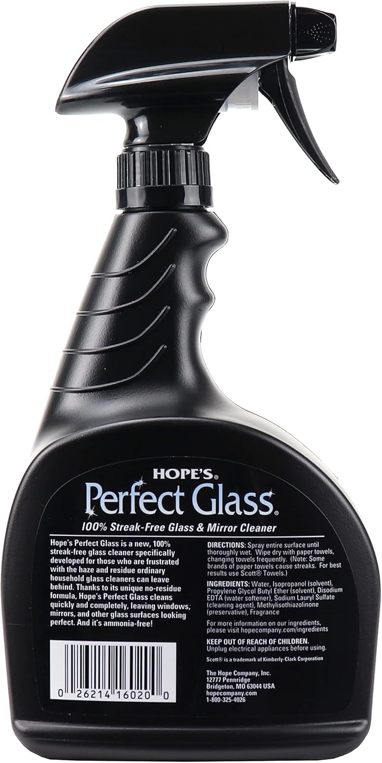 HOPE'S Perfect Glass Cleaner Spray, Streak-Free, Ammonia-Free Window, Mirror, Screen, Tinted Glass, and Shower Door Cleaner, Indoor and Outdoor Glass Surfaces, 32 Fl Oz, Pack of 12