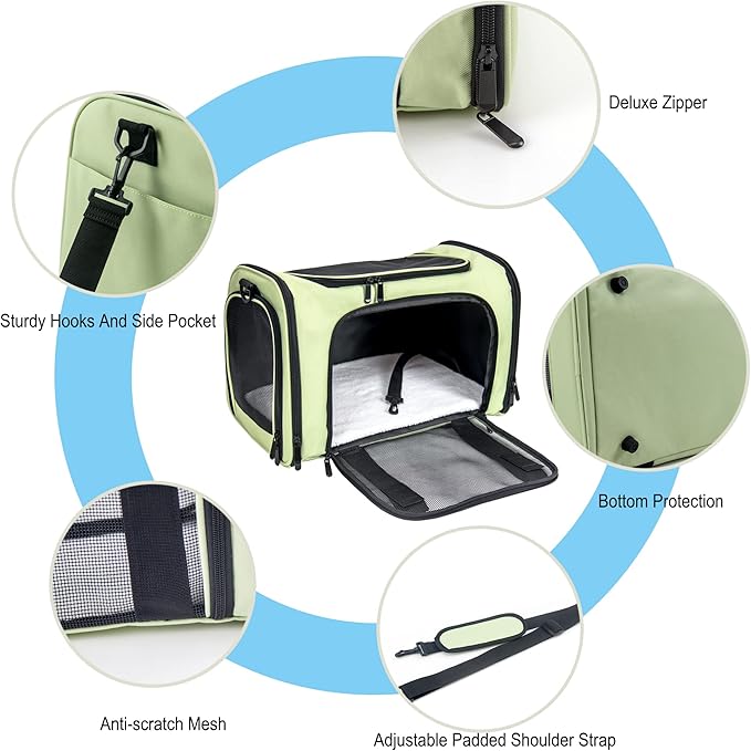 Soft Sided Carrier for Small Medium Cats Dogs,TSA Airline Approved Collapsible Travel Pet Carrier Medium Green