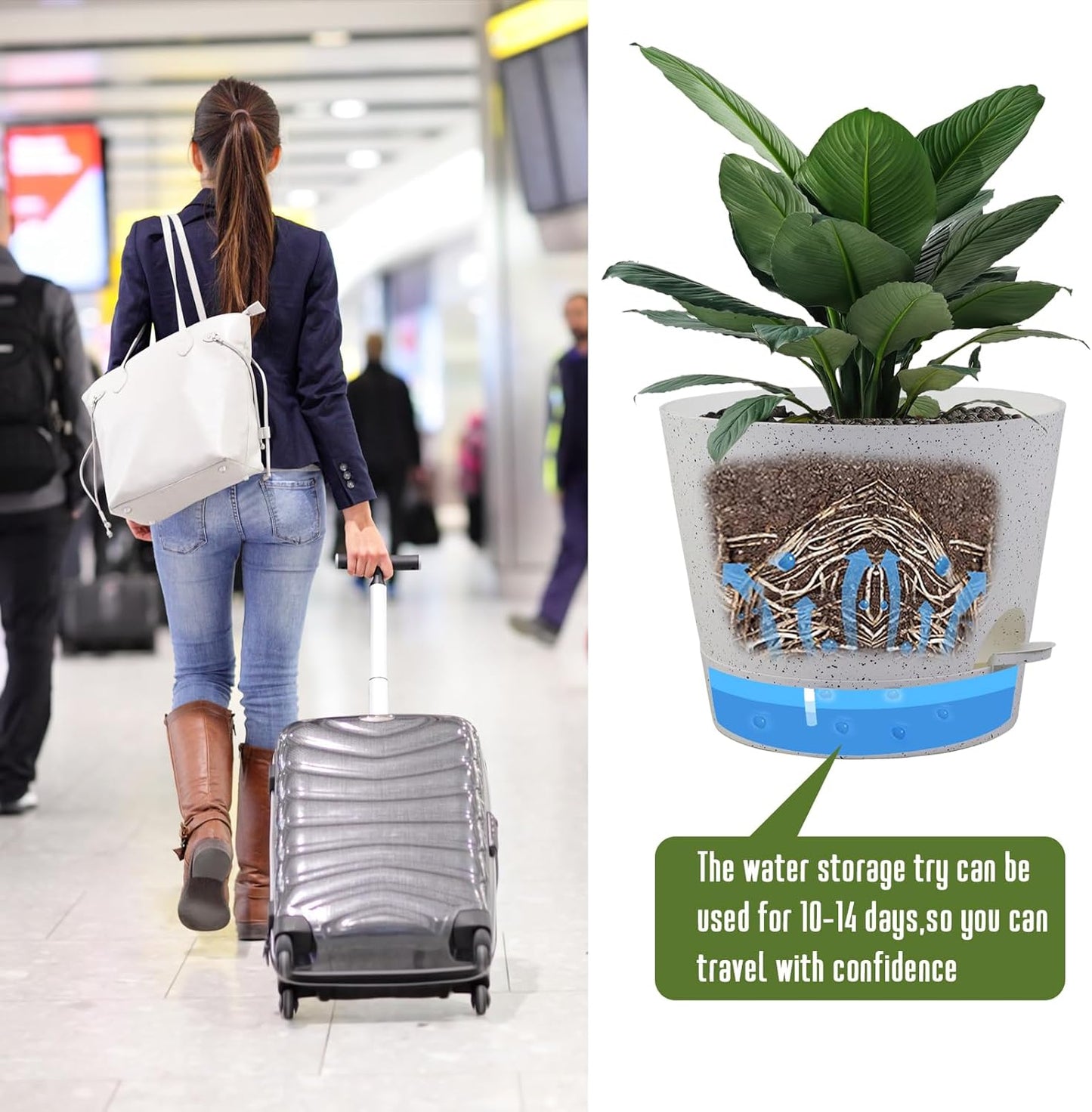 Self Watering Pots for Indoor Plants,12 inch Planters with Drainage Holes Plastic Flower Pots with Deep Reservoir, White Speckles