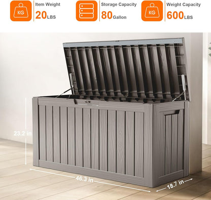 80 Gallon Resin Deck Box, Lockable Patio Outdoor Storage Box for Furniture, Garden Tools and Tools Storage, Waterproof Outside Storage Boxes - Grey