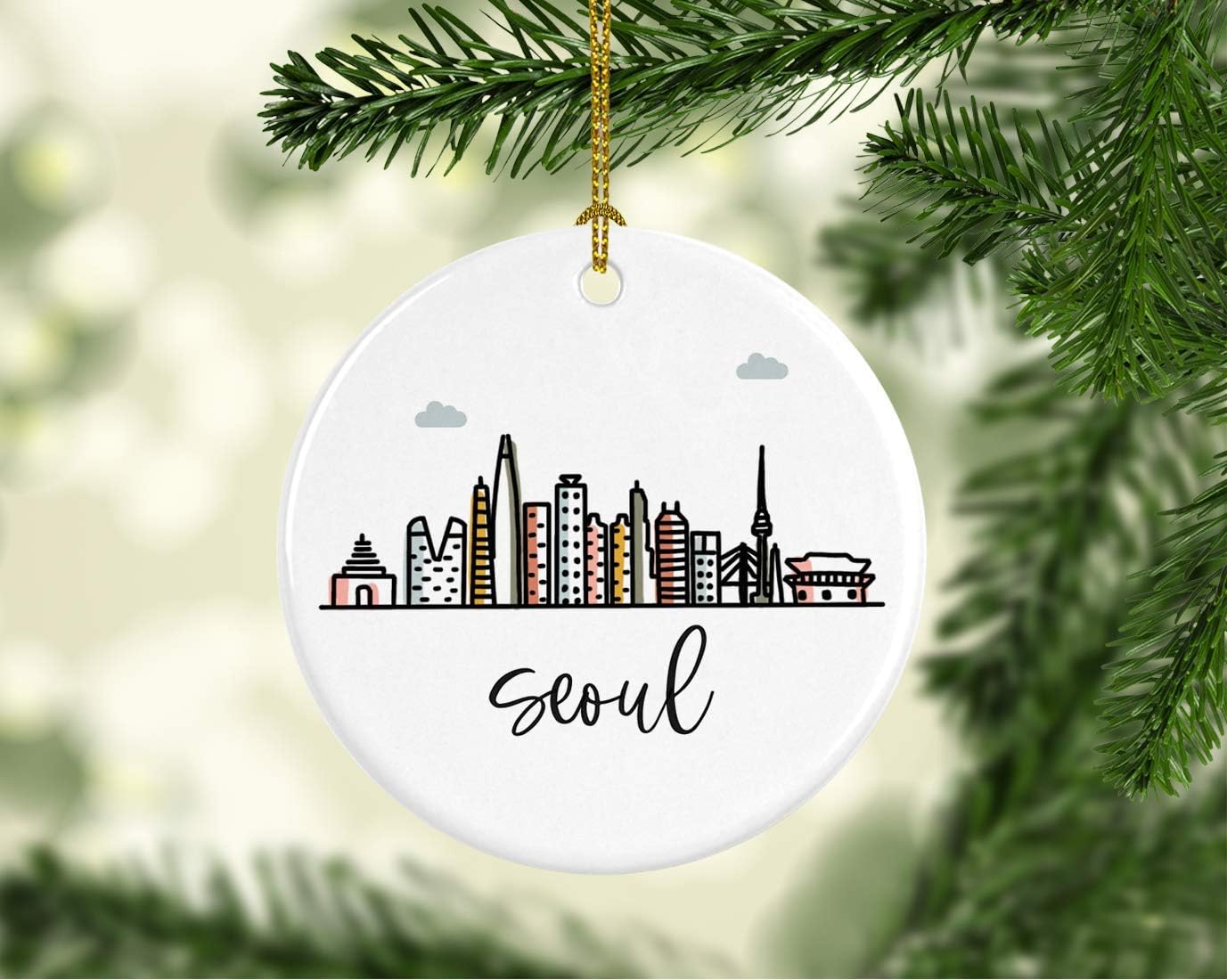 Andaz Press Round Ceramic Porcelain Christmas Tree Ornament Keepsake Gift, Seoul, Colorful International City Skyline Graphic, 1-Pack, Birthday Ideas Family Coworker Him Her, Gift Box