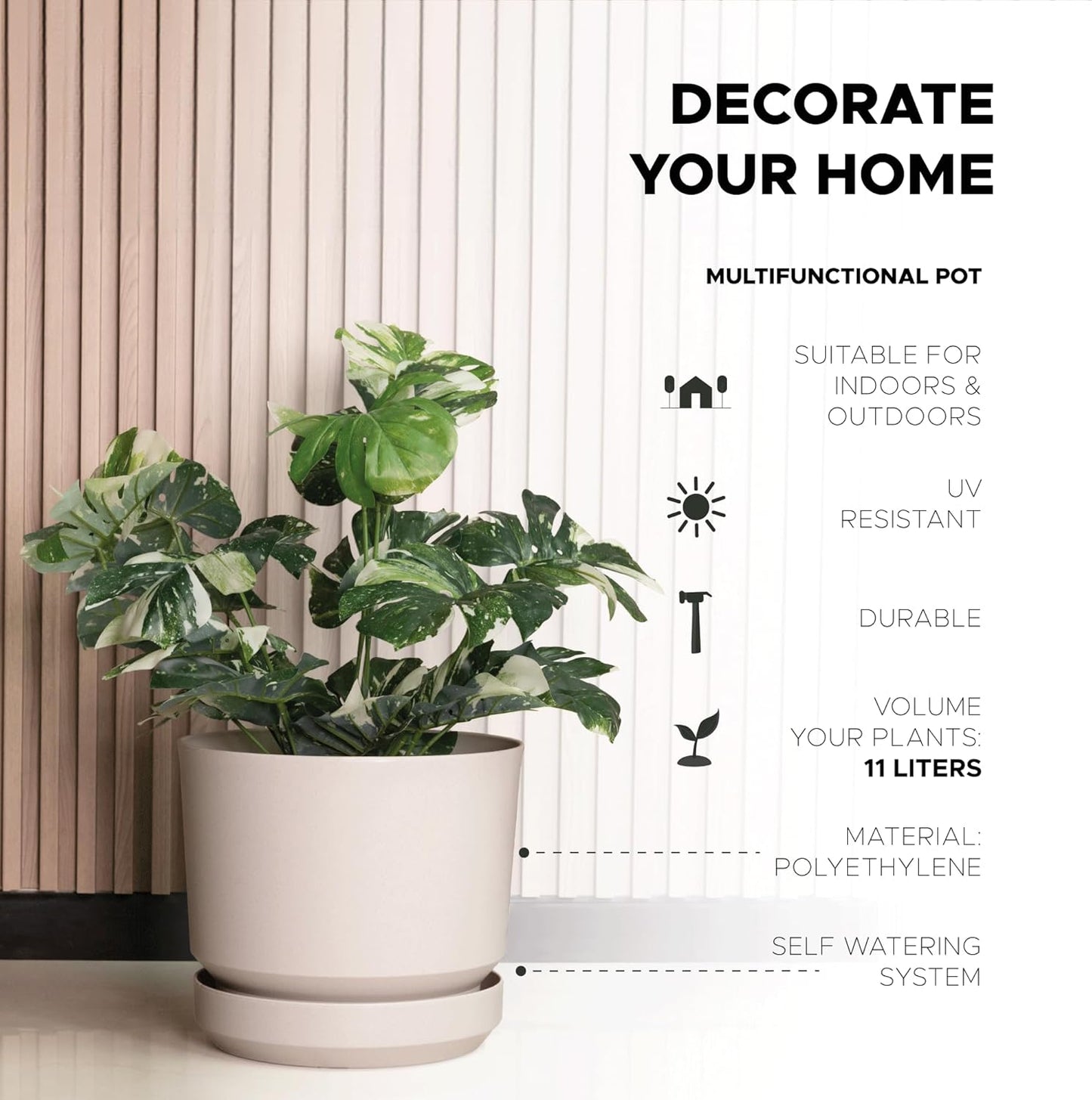 Elly Décor 12 inch Plastic Cylinder Planter Pot with Self-Watering Saucer and Drainage Hole,Lightweight & Extremely Durable, 12"x 12", Ivory