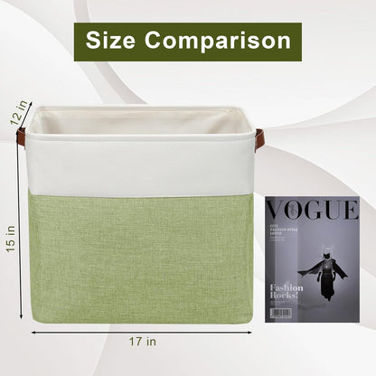 Large Fabric Storage Baskets | 50L Storage Bins, Decorative Linen Closet Baskets with Handles for Organizing, Shelf, Toys, Clothes, Home, Office, Nursery, 17x12x15Inches (Green&White)