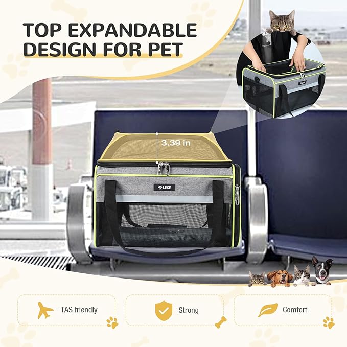 Lekereise Top-Expandable Pet Carrier 17x11x9.5 Inch Alaska Hawaiian Airline Approved Soft Sided Underseat to 12lbs Travel Carriers for Small Cats and Dogs with Locking Safety Zippers Anti-Scratch Mesh