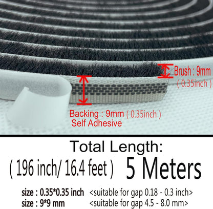 Brush Weather Stripping for Sliding Windows/Doors Frame Side,Pile Self Adhesive Weatherstrip Seal Strip for Soundproofing (16.5ft x11/32 x 11/32 Brush inch, Black)