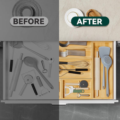 Bamboo Drawer Organizer, Small Silverware Organizer for Kitchen Drawer, Stackable Utensil Tray, 2 Pcs Flatware Organizer, Bamboo 6" x 3" x 2" (Outer), 5.3" x 2.3" x 1.77" (Inner)