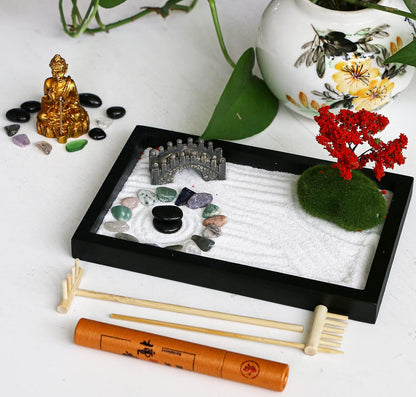 Mini Meditation Zen Garden Kit - Japanese Tabletop Rock Sand Chakra Buddha Garden Home Office Desk Decor Gifts for Father Mother Birthday - Sandbox w/Rake Tool Accessories