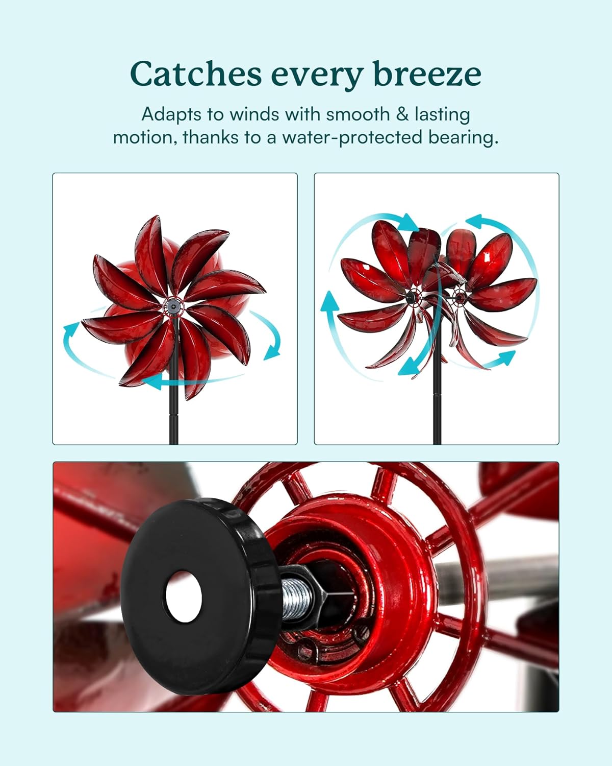 Wind Spinners Outdoor - Red Metal Windmill with Stake for Yard and Garden, Kinetic Wind Sculptures & Spinners, Gift Decor Ideas for Garden Lovers (12" W x 70" H)