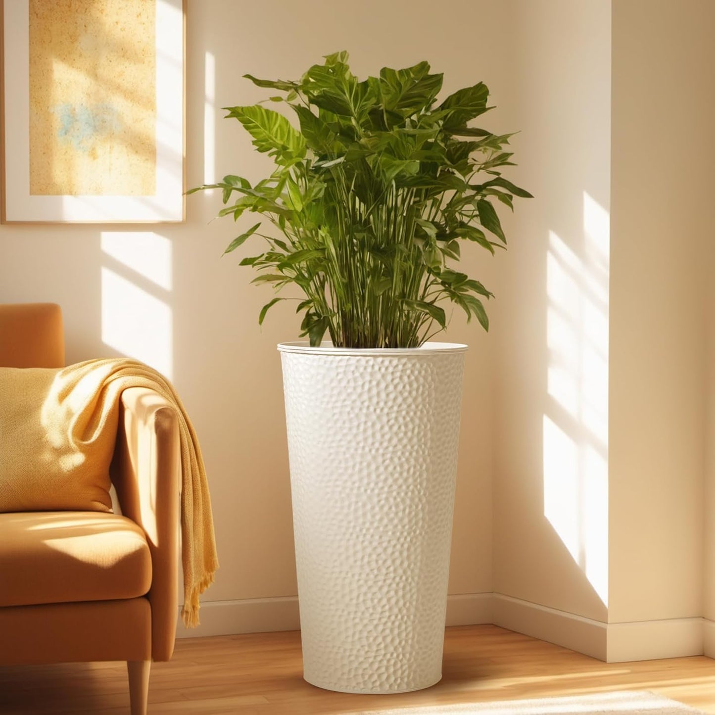 KOL 25" H. Metal Hand-Hammered Planters with Inner Pots 2-Pack, White Decor Planter for Deck, Patio, Porch - Galvanized Steel Handcrafted Flower Pot - w/Water Level Indicator - Indoor Outdoor Use