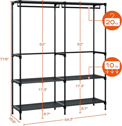 Clothes Rack, Portable Closet, 54.3 Inch Large Capacity Wardrobe Closet, Clothes Storage Organizer with Shelves and 2 Hanging Rods, Easy to Assembly, Black PCT002B01
