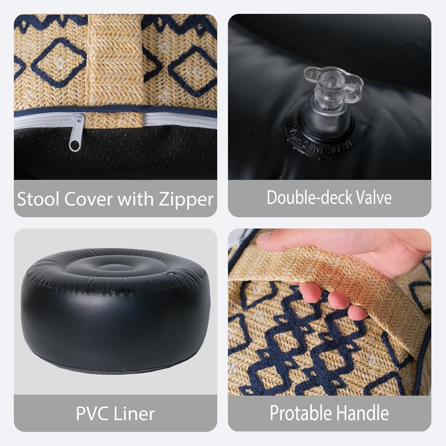 Outdoor Inflatable Ottoman with Air Pump, Embroidery Patio Footrest Stool D21”x H9”, Round Pouf Ottoman with Portable Handle Suitable for Garden, Camping, Bedroom, Living Room