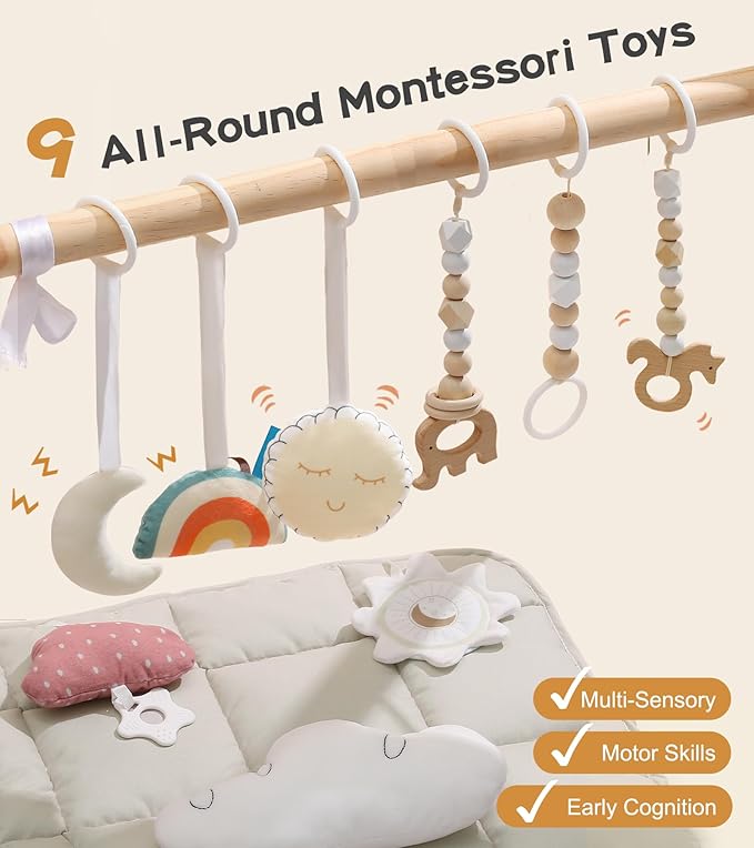 Baby Gym with Mat, Wooden Play Gym with 9 Sensory Toys, Foldable Baby Play GymFrame Activity Center, Natural Pine Wood, Montessori Toys, Easy to Assemble & Clean, Natural Color