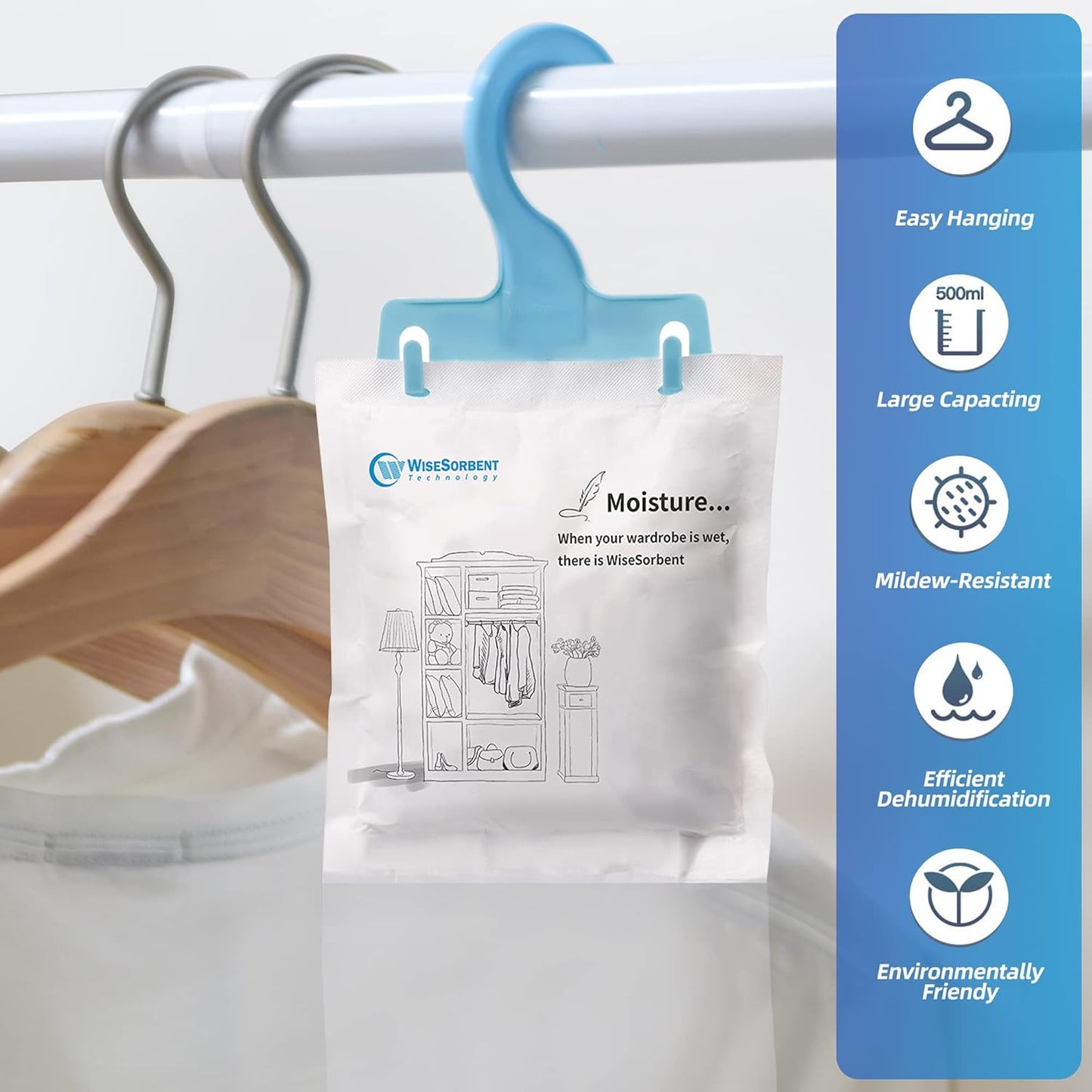 Moisture Absorber Packets with Plastic Case & Hook, Odor Eliminator, Leak Proof, Fragrance Free, Humidity Packs, Hanging Closet Dehumidifier Bags, Moisture Absorber (4 Packs)