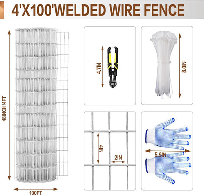 Tongmo 4 ft x 100 ft Galvanized Welded Wire Fence, 16GA Garden Chicken Wire Fence Roll, Mesh Size 2" x 4"Hardware Cloth, Ideal for Yard Protection and Poultry Netting