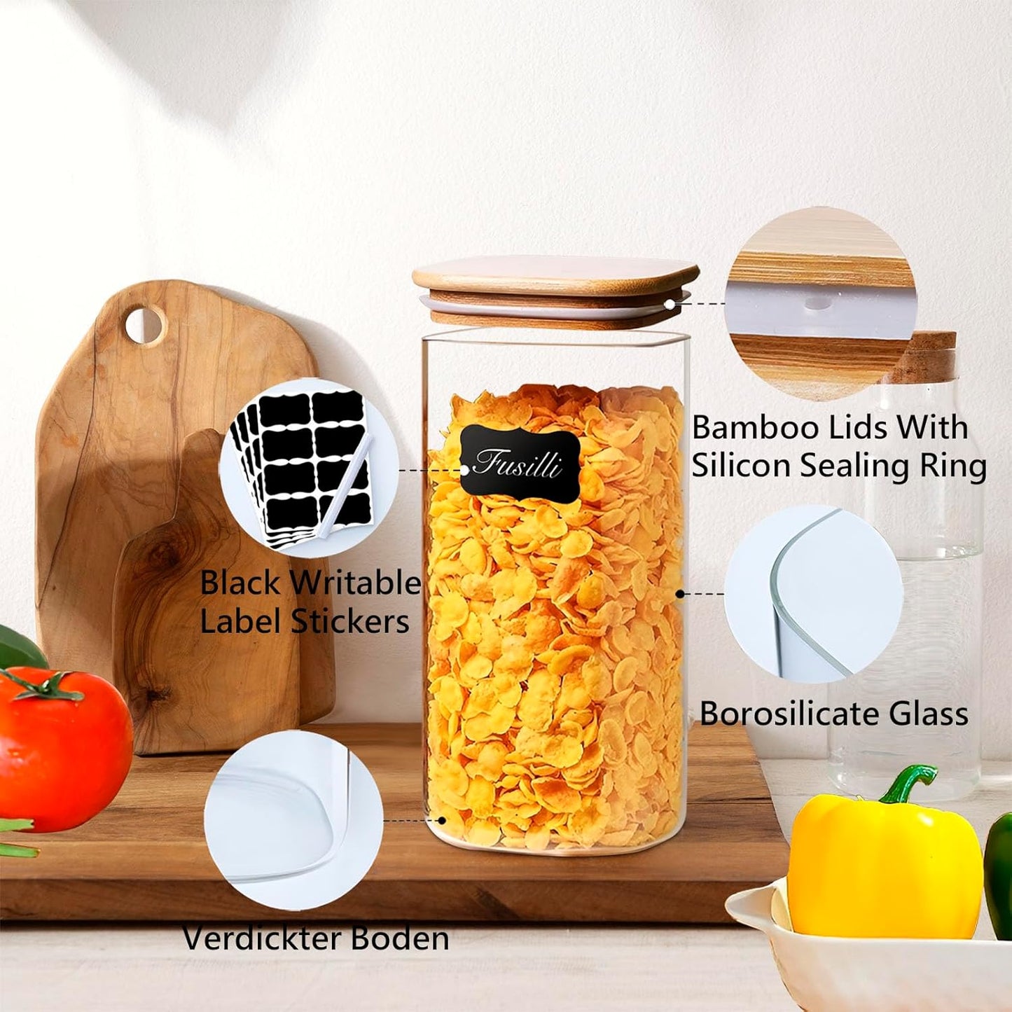Square Glass Jars Canister with Wood Lid 50 FL OZ [Set of 3], Container Jar with Sealing, Lids for Oat Pasta Flour Cereal Rice Sugar Tea Coffee Beans, Best for Kitchen & Pantry