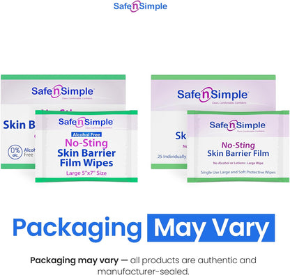 Safe n' Simple Skin Barrier Wipes - 25 Large 5” x 7” Individually Wrapped No-Sting Barrier Film - Skin Prep Protective Wipes - Medical Bandage Barrier Film for Skin