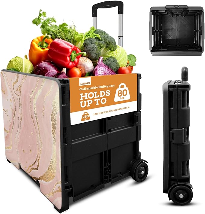 Inspired Living Collapsible Ultra-Slim Pack-N-Roll,2 Wheel Utility Cart w/Lid Used as Seat up to 250 Lbs, Telescopic Handle, Super Strong, for Home,Garden,Shopping,Office,School, Large, Pink Marble