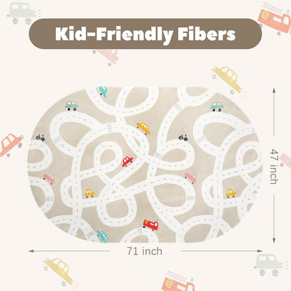 STARUIA Large Kids Rug for Playroom, 4'x6' Washable Road Rug for Nursery, Non-Slip Car Rugs for Boys Room, Tan Traffic Classroom Rugs Soft Baby Play Mat for Dorm Toy Room Tent