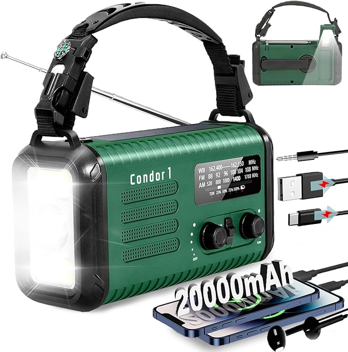20000mAh/ 74000mWh Hand Crank Emergency Radio, AM/FM/NOAA Weather Radio, Battery Powered Solar Radio with USB Phone Charger, Reading Lamp Flashlight & SOS for Emergency (Army Green)