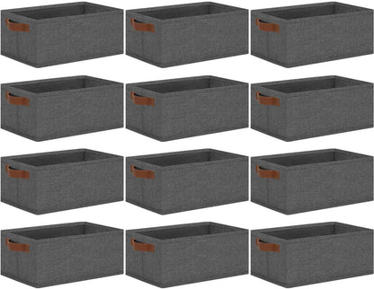GhvyenntteS Small Fabric Storage Bins 12 Pack, 11.8" x 7.87" x 5.11" Storage Basket with Leather Handles, Closet Storage Bins for Shelves, Storage Baskets for Shelves, DVD Storage (Grey)