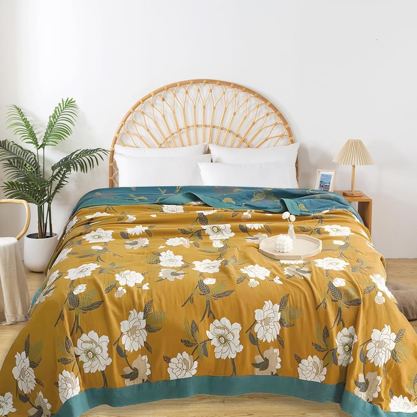 Boho Throw Blanket for Bed - 100% Pure Cotton Ultra Soft Rustic Quilt - Farmhouse Decor Bed Blankets, All Season Rustic Throw for Sofa Couch Chair(91''x 98'', Flower Branch 2)