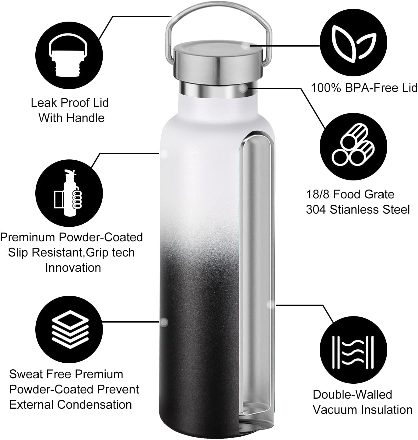 Neihepal Gradient Stainless Steel Water Bottles,20 Ounce Vacuum Insulated Double Wall Travel Bottle with Leak Proof Lid of Handle,Metal Reusable Standard Mouth Flask Thermoses for School,Hikers,Gift
