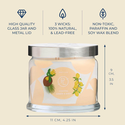 PartyLite Coastal Amber & Shea Scented, Notes of Ylang Flower, Citron, Sweet Coconut & Amber Creme, 13.2oz 3-Wick Jar Candle, 45 Hour Burn Time, Luxurious Fragrance, Ideal for Gifting
